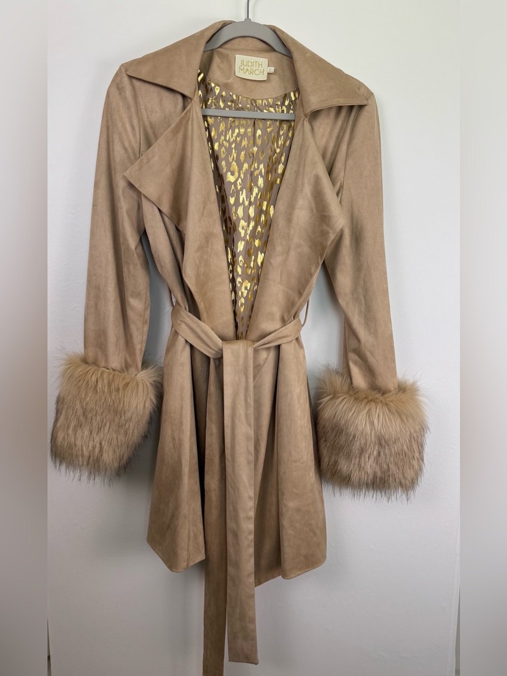 Judith March Taupe Faux Suede Waterfall Jacket Leopard Lining Faux Fur Cuffs L - Picture 13 of 16